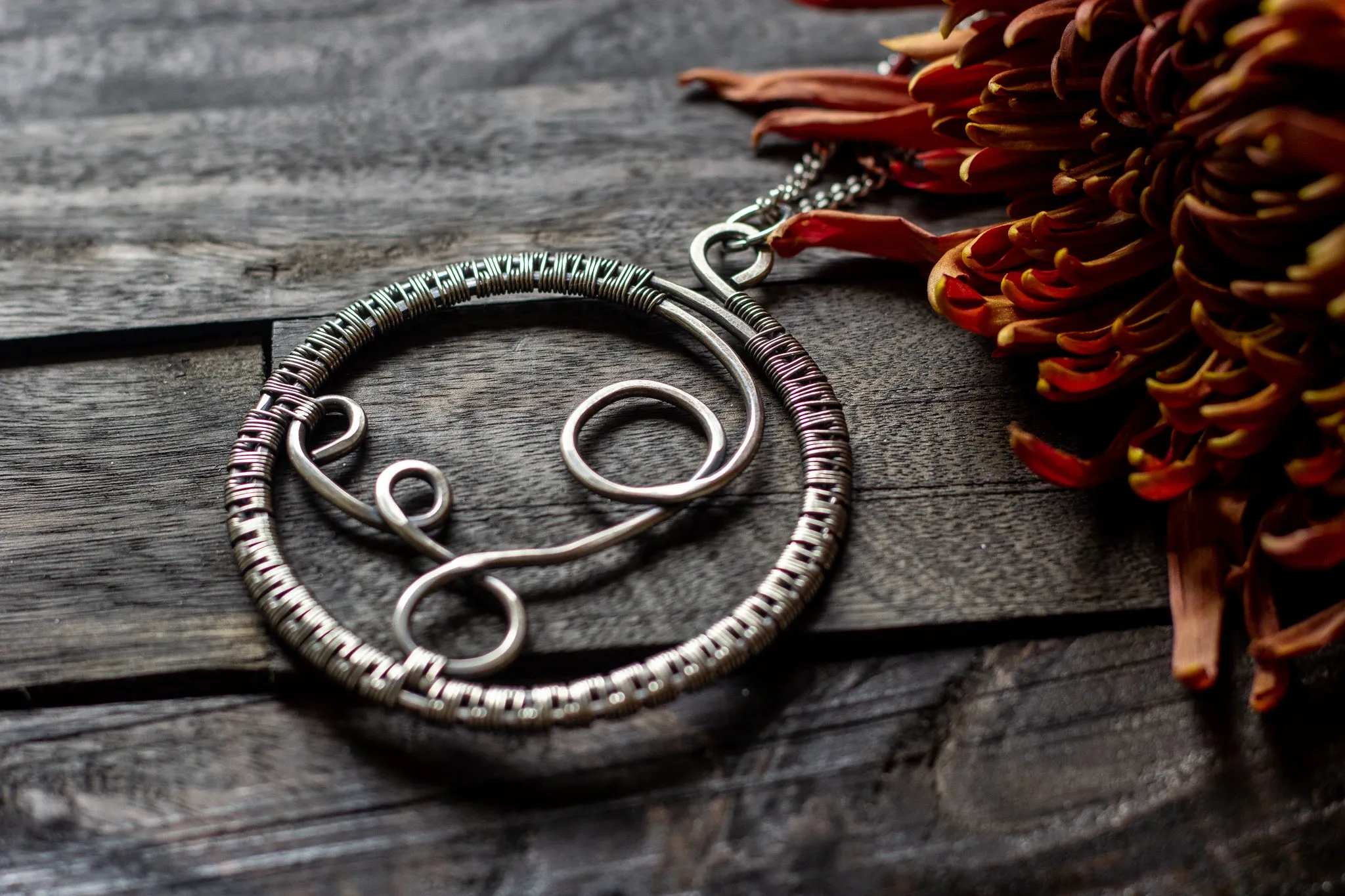Circular Sterling Silver Wire Wrapped Pendant
