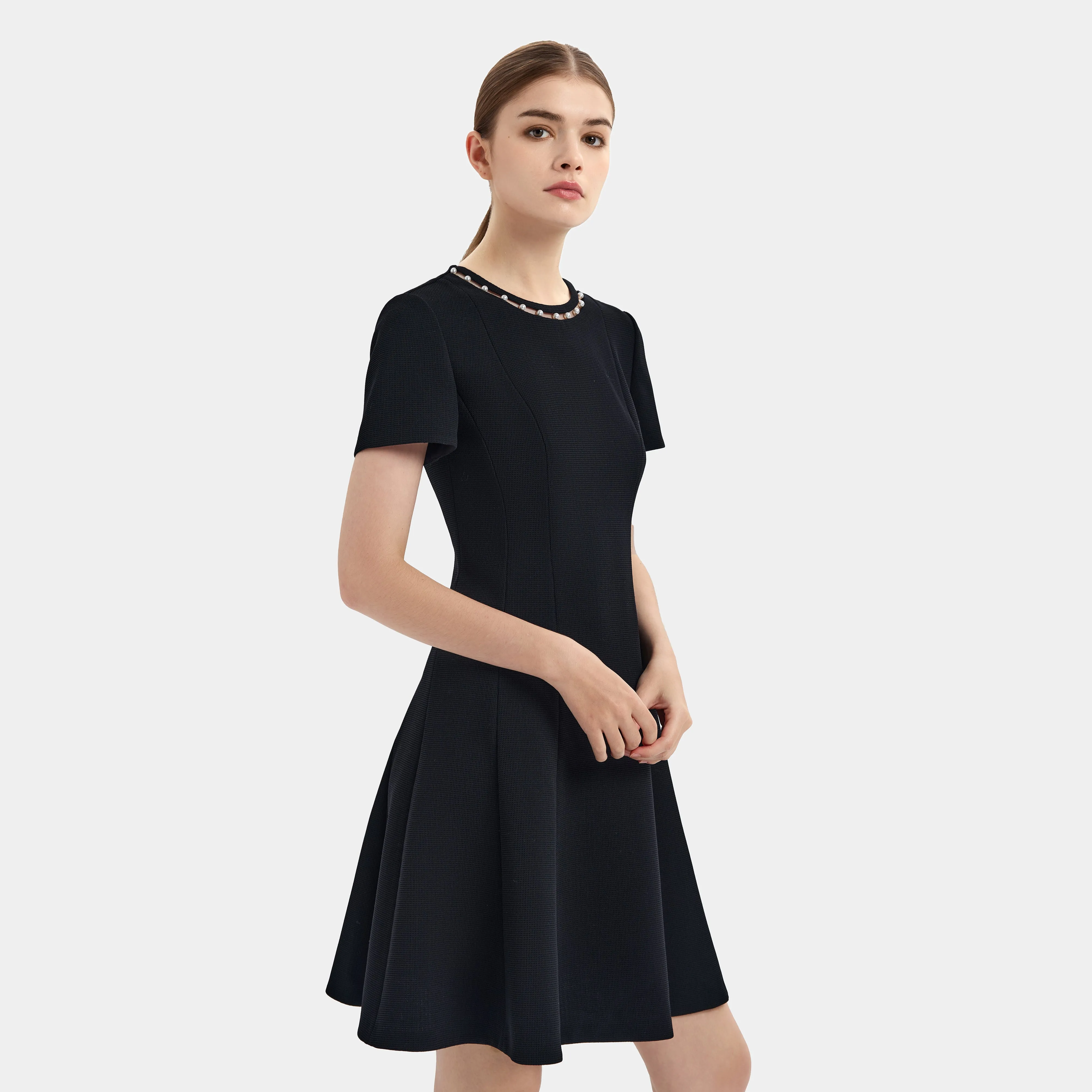 CLASSIC ESSENTIAL LITTLE BLACK DRESS, WITH WHITE CONTRAST AROUND COLLAR