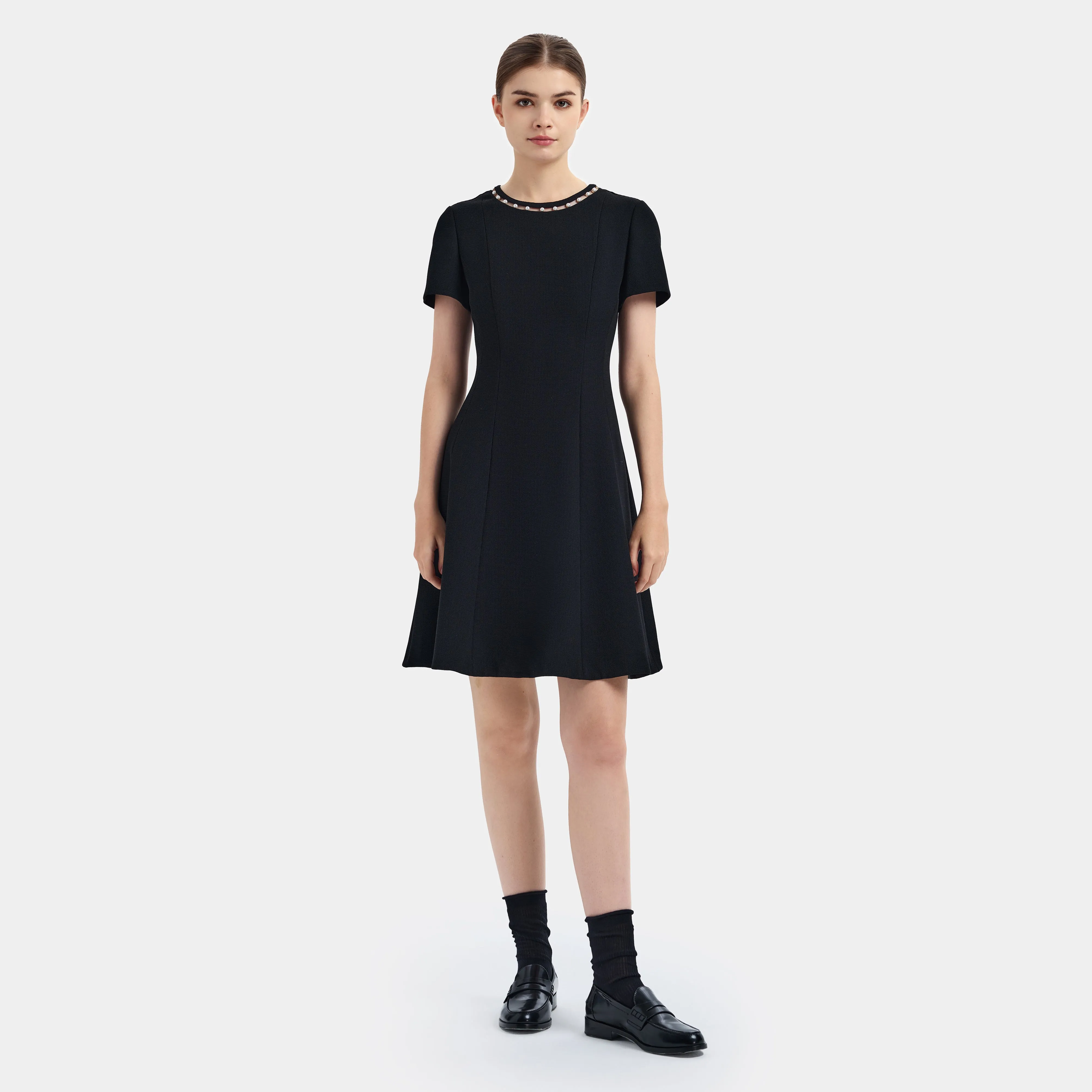 CLASSIC ESSENTIAL LITTLE BLACK DRESS, WITH WHITE CONTRAST AROUND COLLAR