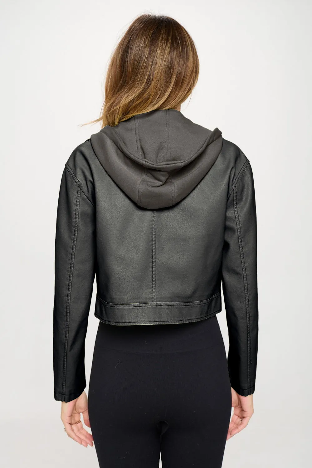 Coalition LA Cropped Snap-Down Hooded Vegan Leather Jacket