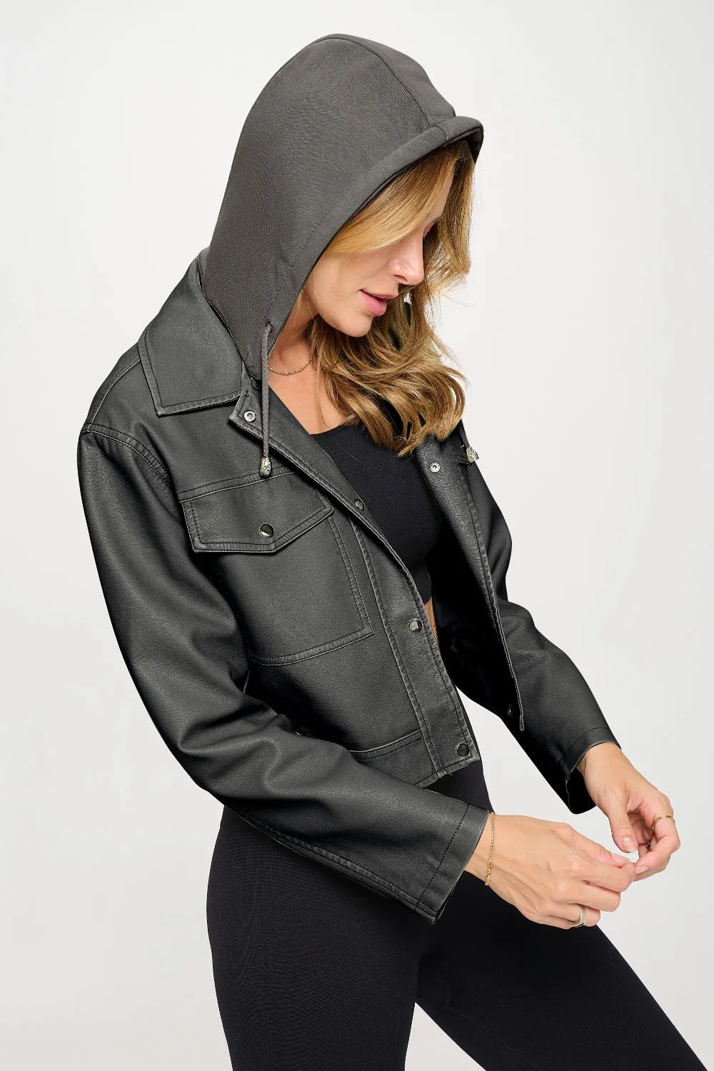 Coalition LA Cropped Snap-Down Hooded Vegan Leather Jacket