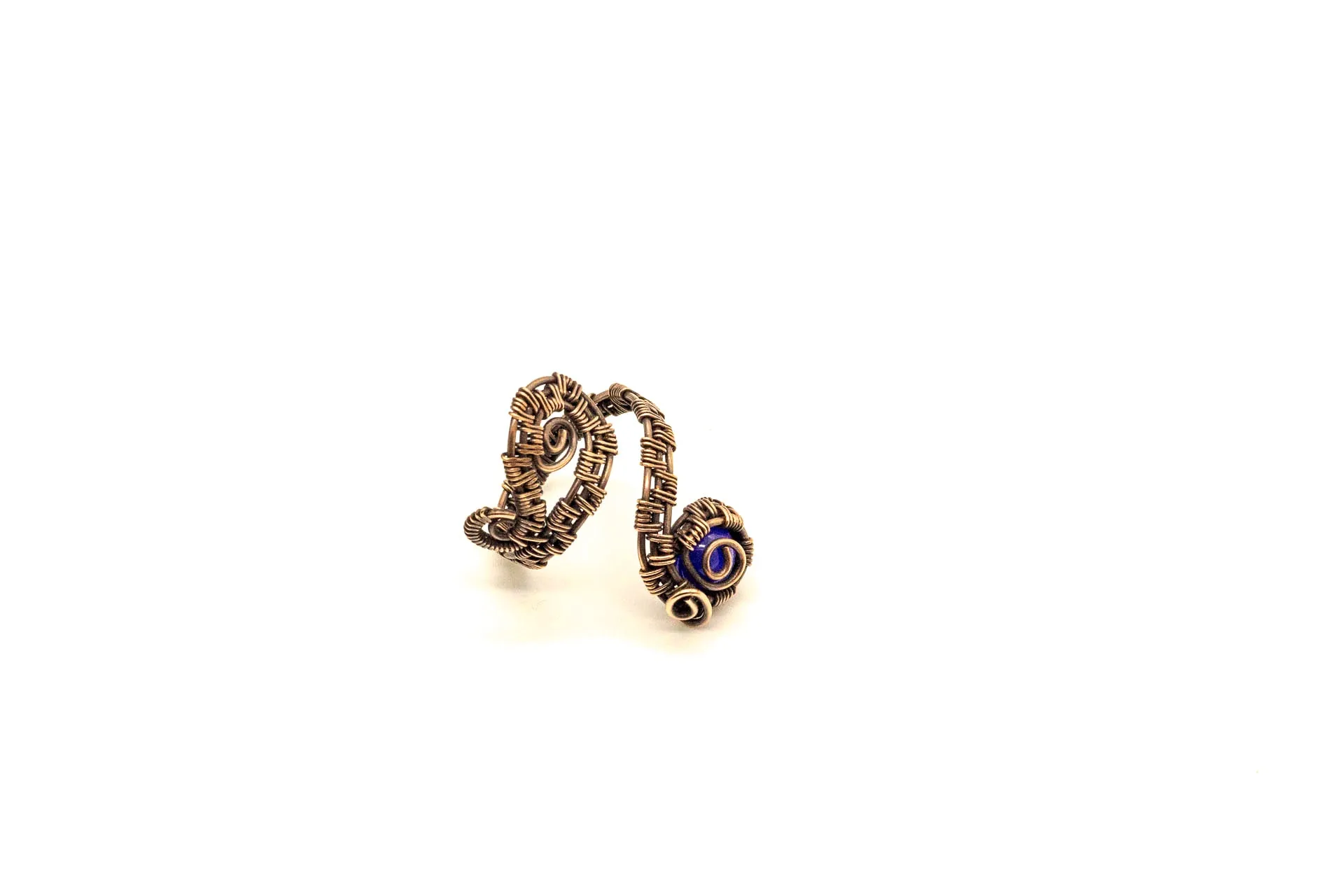 Copper Adjustable Ring with Blue Fused Glass Accent