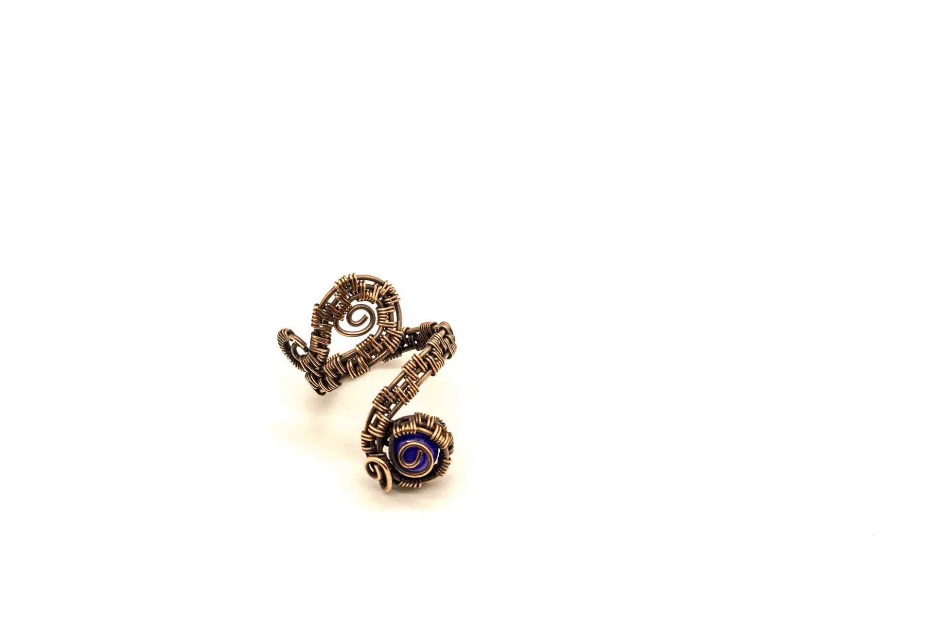 Copper Adjustable Ring with Blue Fused Glass Accent