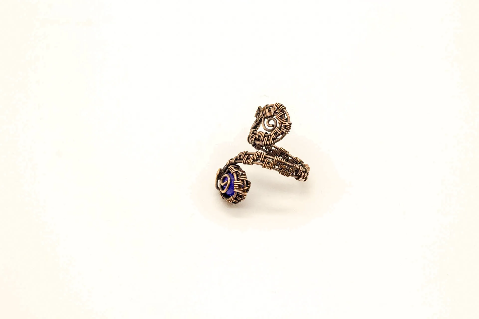 Copper Adjustable Ring with Blue Fused Glass Accent