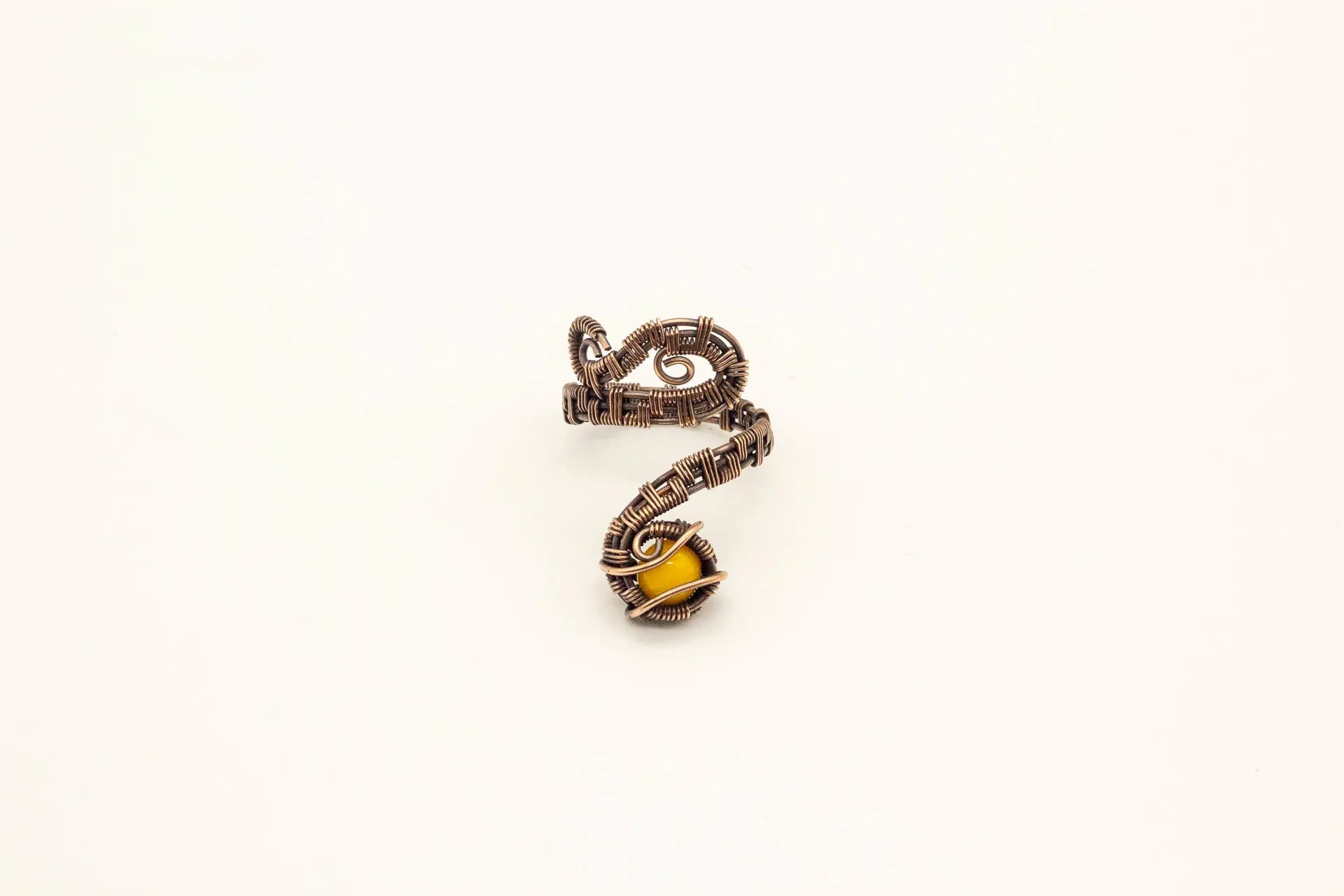 Copper Adjustable Ring with Bright Yellow Fused Glass Accent