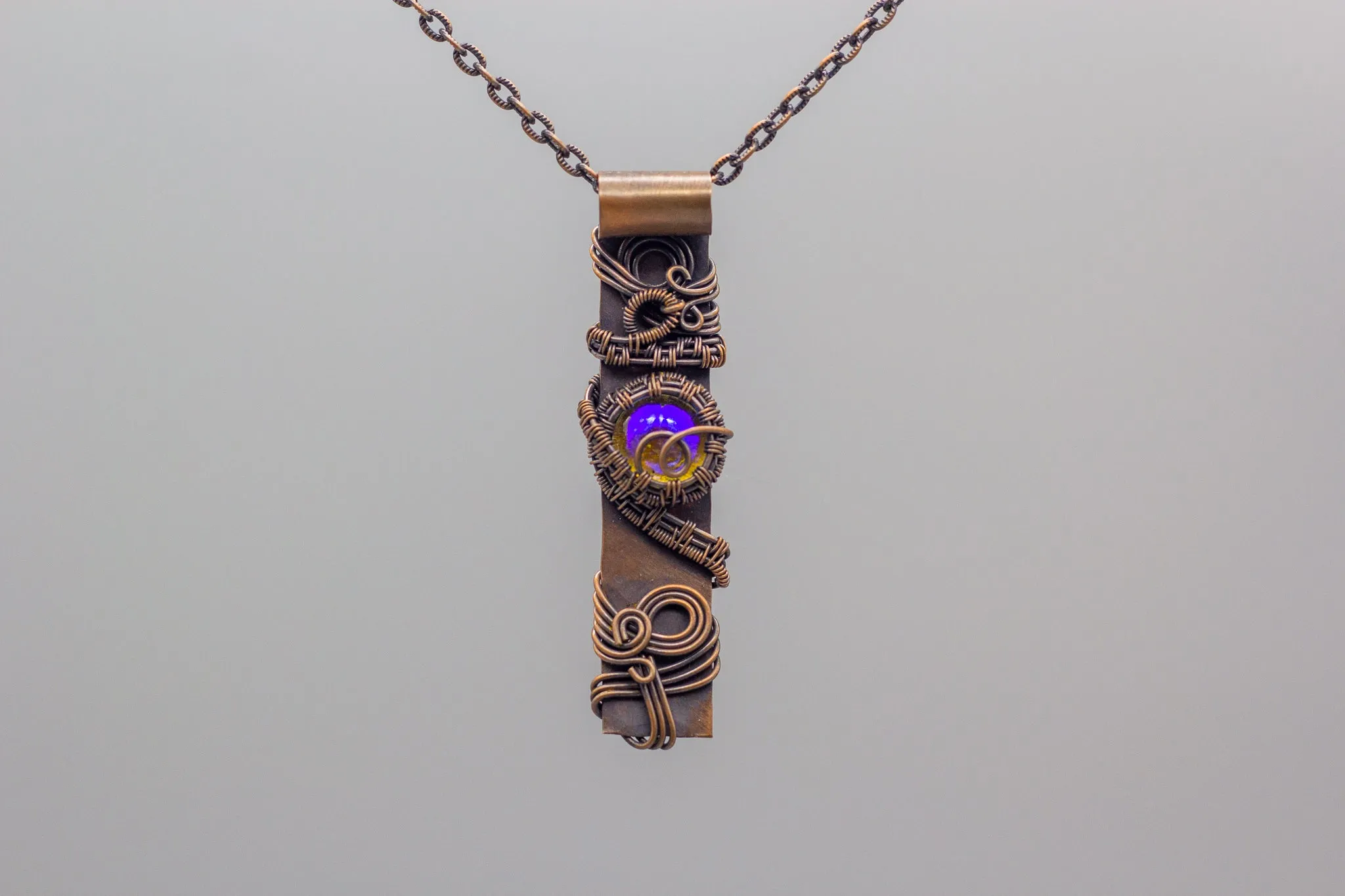Copper Bar Necklace Iridescent Clear Fused Glass