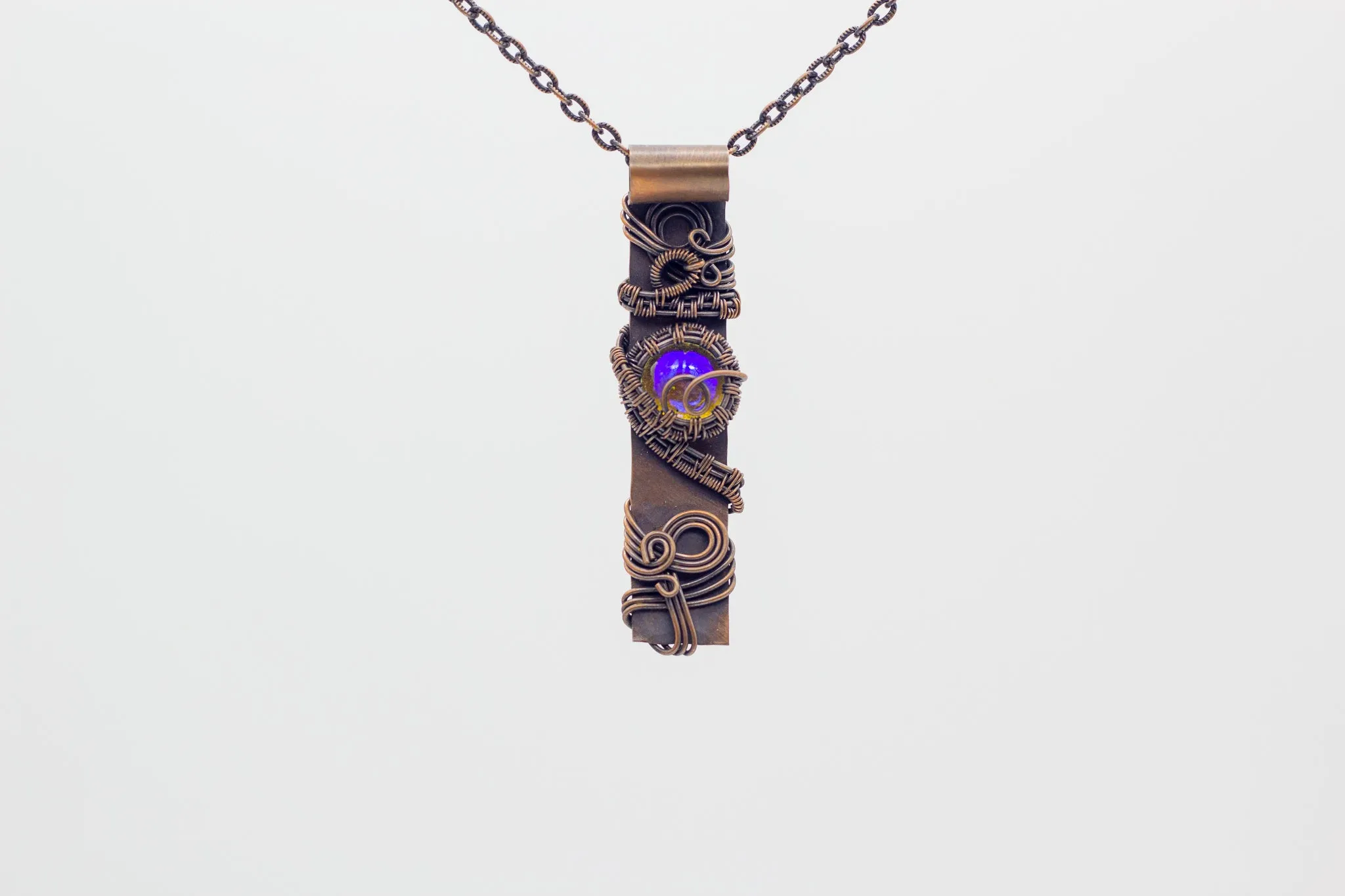 Copper Bar Necklace Iridescent Clear Fused Glass