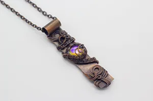 Copper Bar Necklace Iridescent Clear Fused Glass