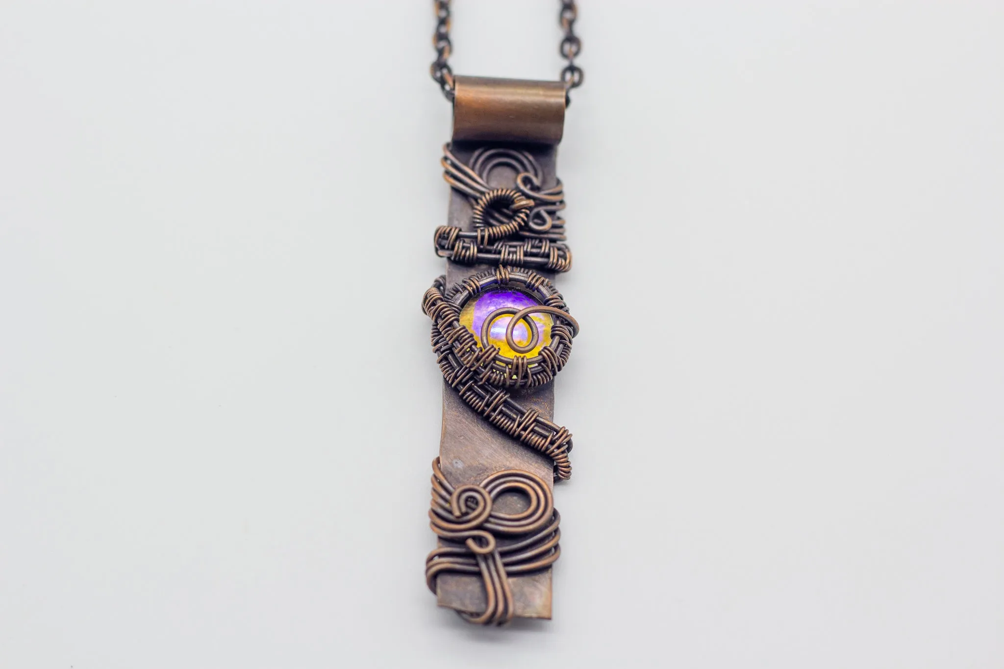 Copper Bar Necklace Iridescent Clear Fused Glass