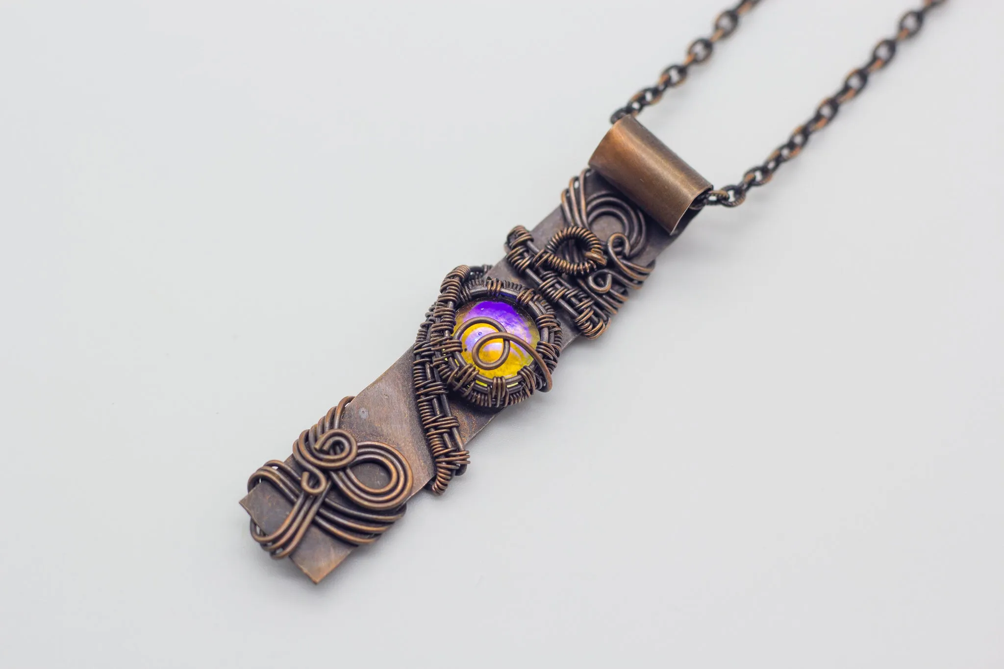 Copper Bar Necklace Iridescent Clear Fused Glass