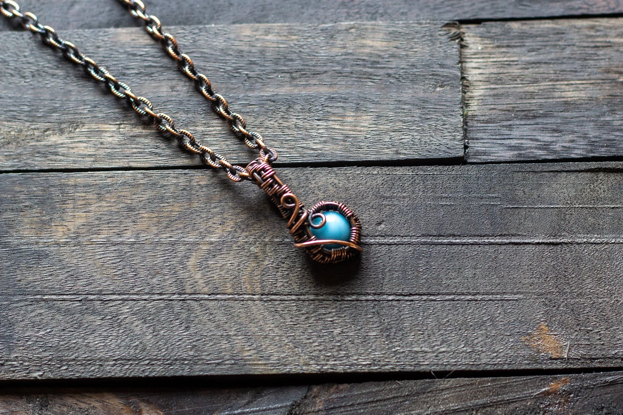 Copper Mini Pendant with Baby Blue Fused Glass Accent