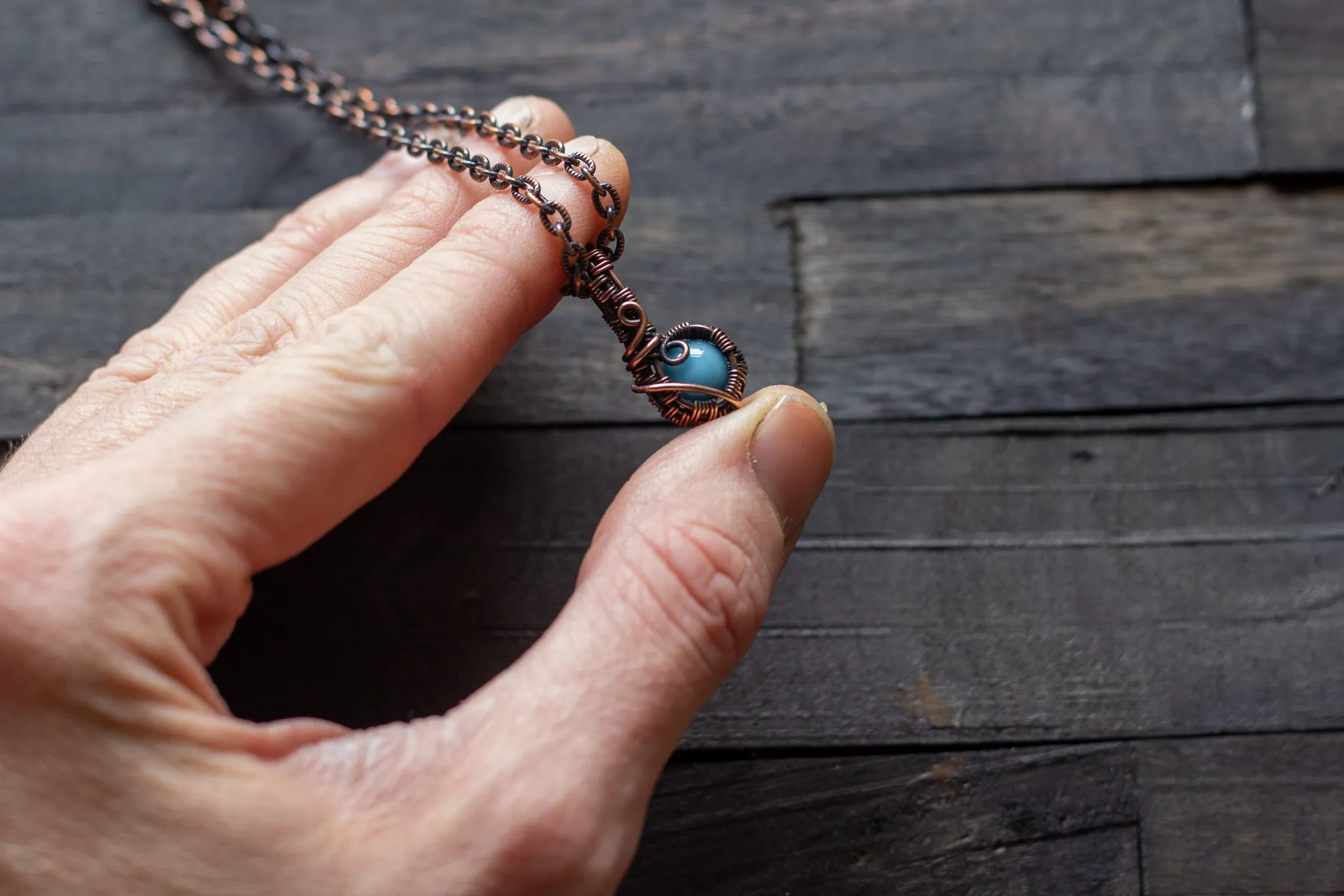Copper Mini Pendant with Baby Blue Fused Glass Accent