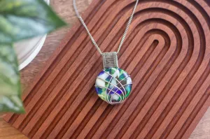 Crisscross Sterling Silver Pendant with Green, Blue White Fused Glass Cabochon
