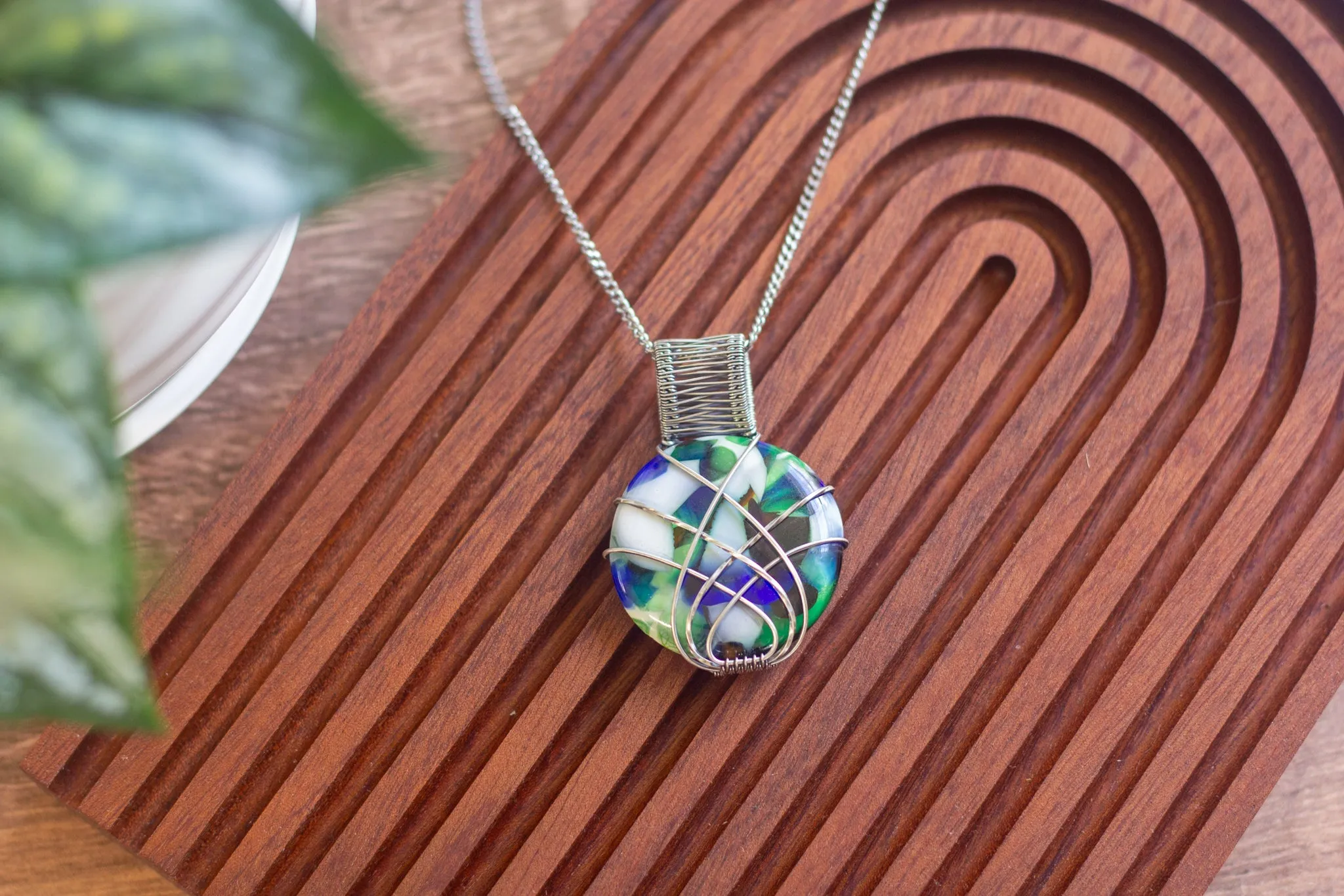 Crisscross Sterling Silver Pendant with Green, Blue White Fused Glass Cabochon