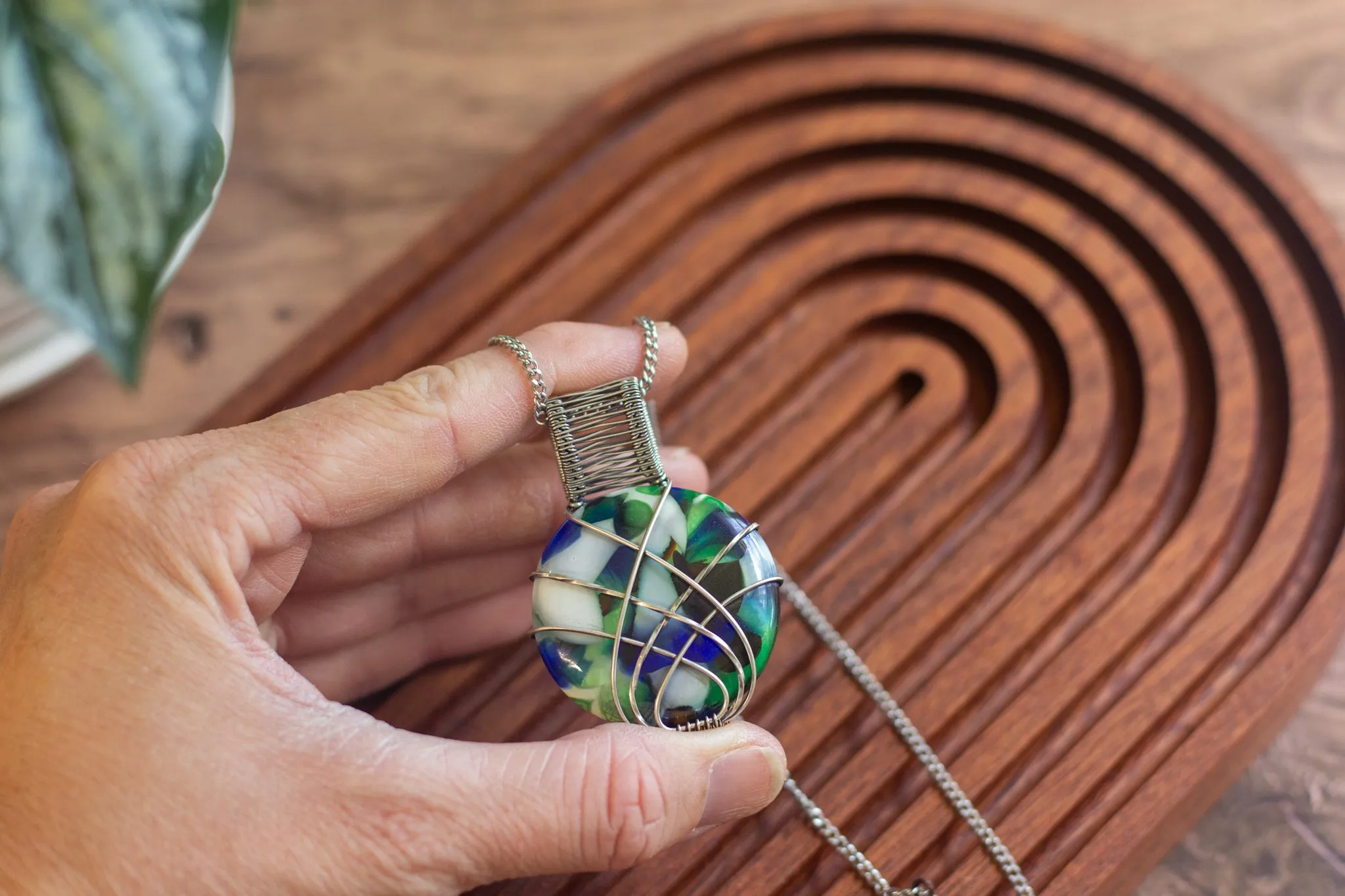 Crisscross Sterling Silver Pendant with Green, Blue White Fused Glass Cabochon