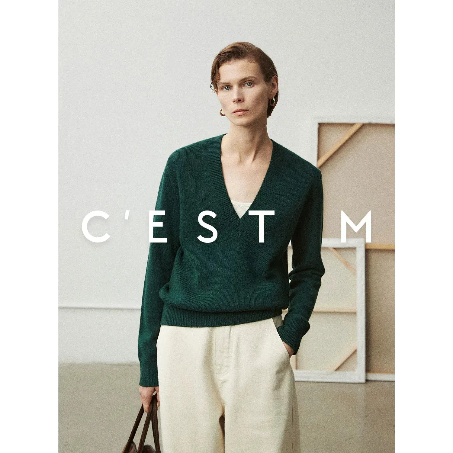 Curved V-Neck Cashmere Blend Sweater