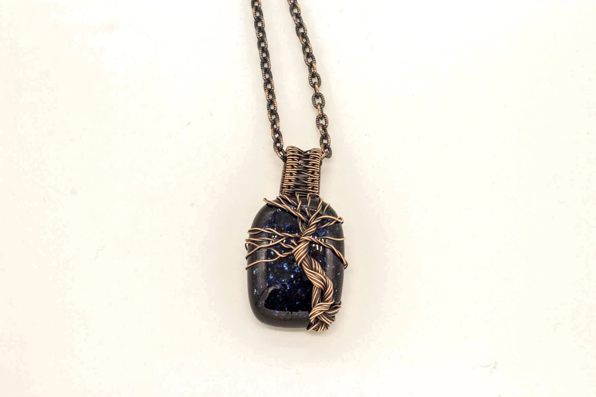 Dark Blue Dichroic Fused Glass Pendant with Copper Tree of Life