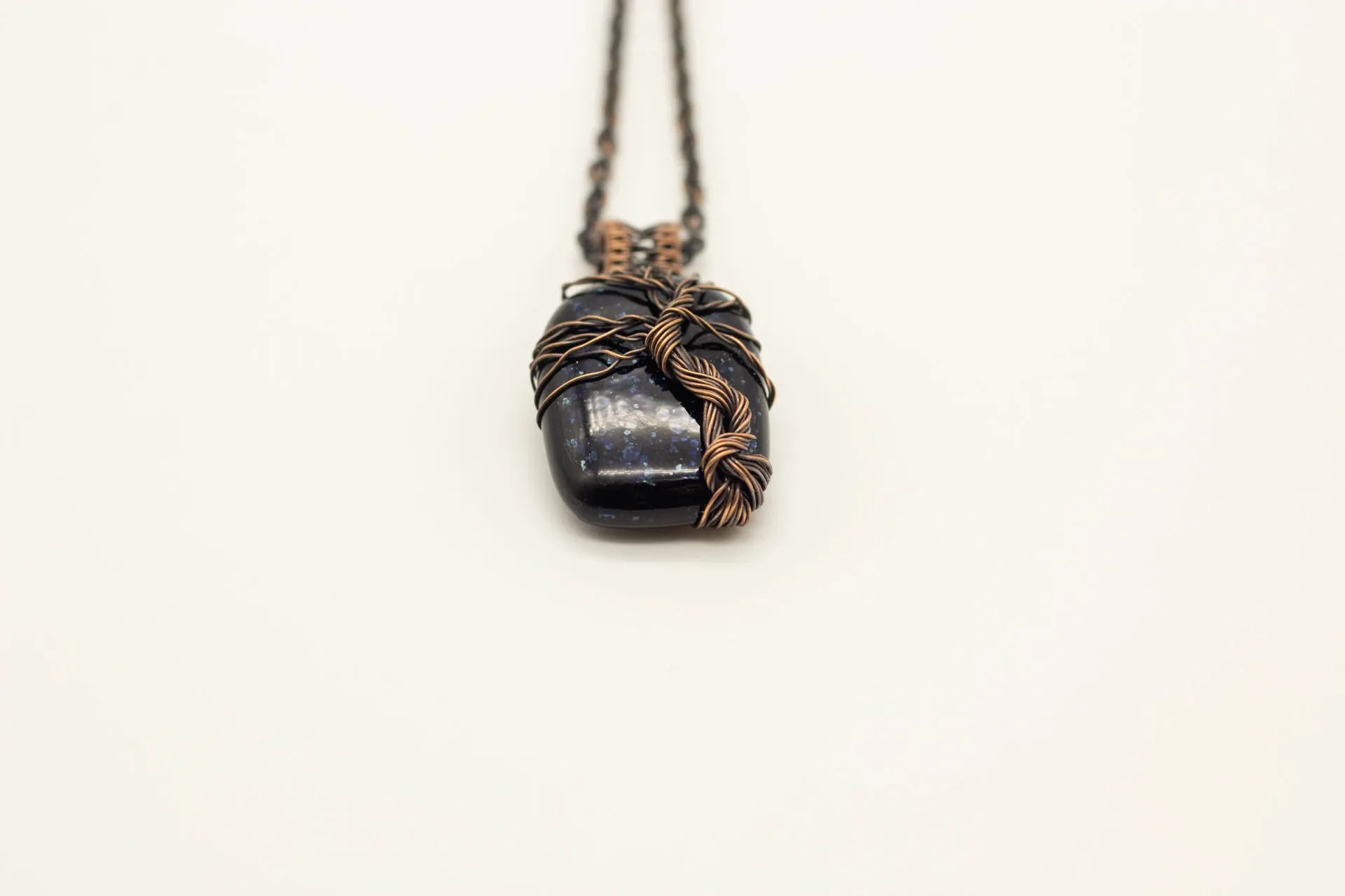 Dark Blue Dichroic Fused Glass Pendant with Copper Tree of Life