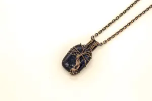 Dark Blue Dichroic Fused Glass Pendant with Copper Tree of Life