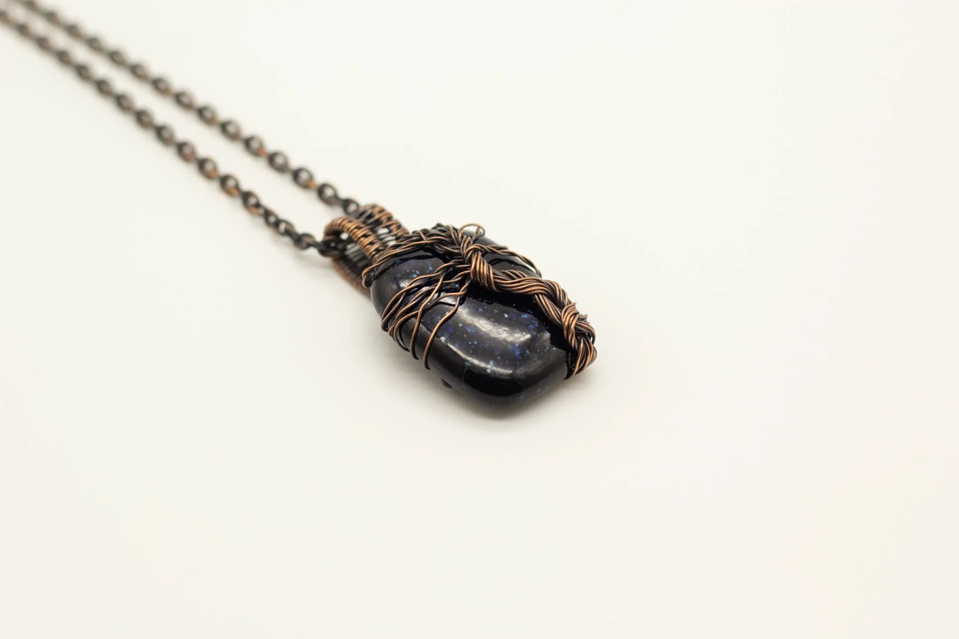 Dark Blue Dichroic Fused Glass Pendant with Copper Tree of Life