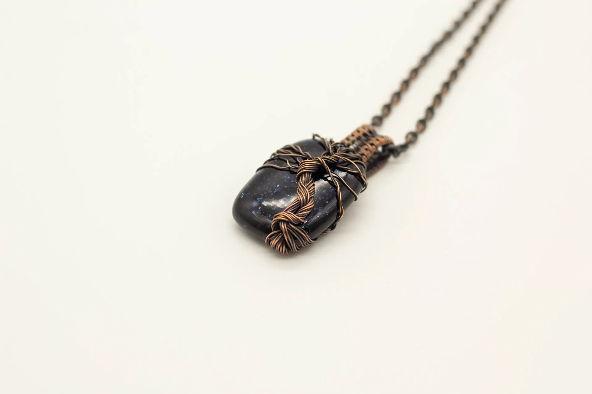 Dark Blue Dichroic Fused Glass Pendant with Copper Tree of Life