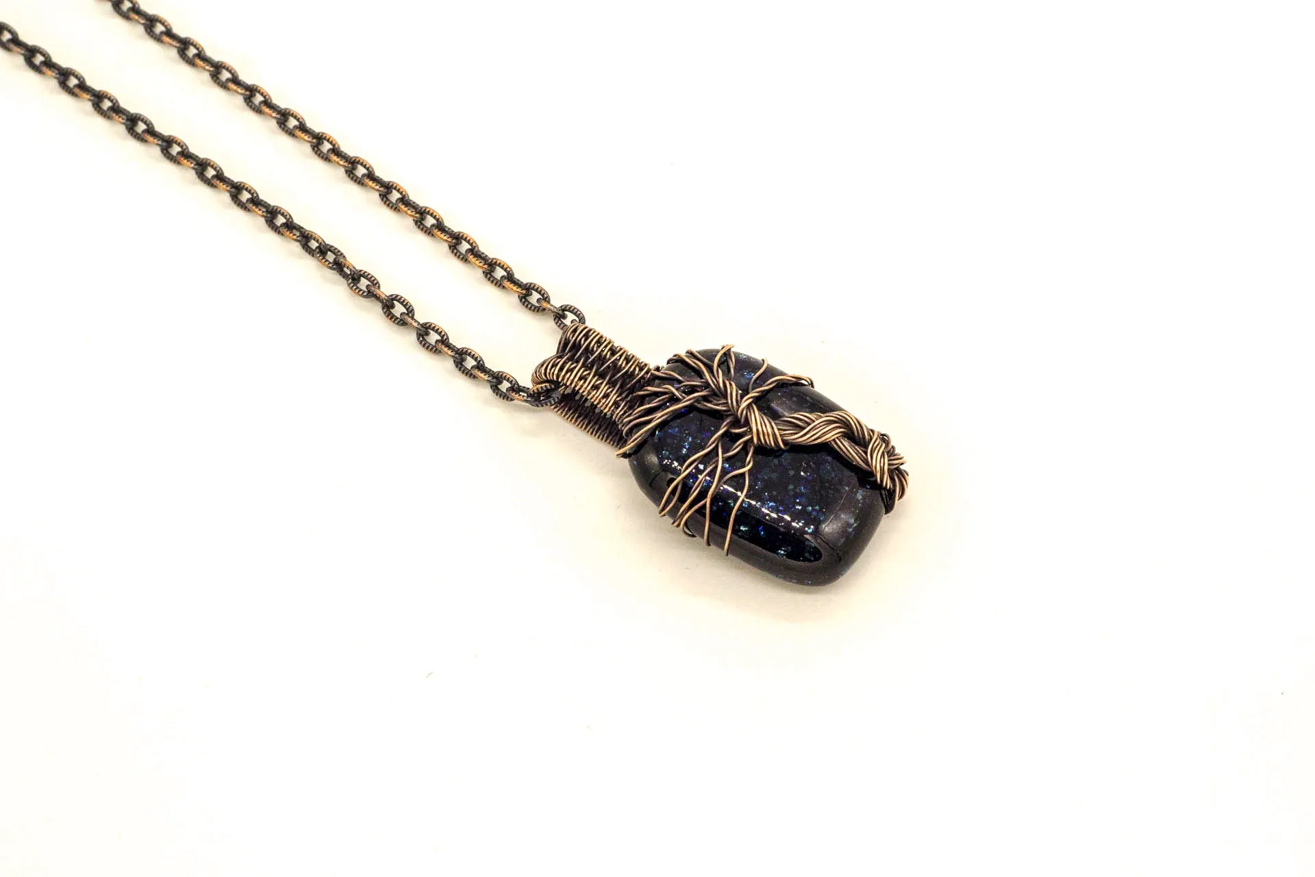 Dark Blue Dichroic Fused Glass Pendant with Copper Tree of Life