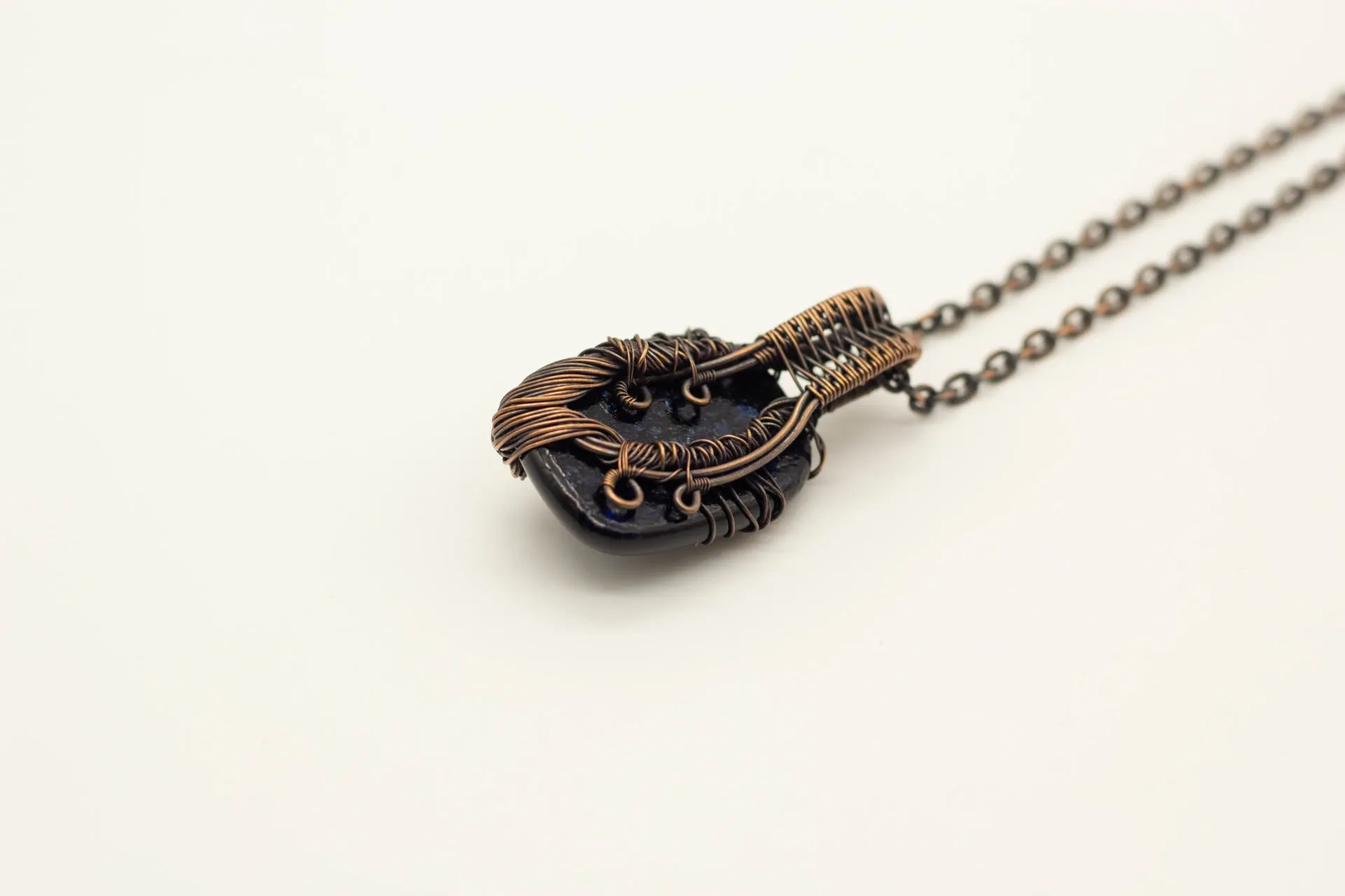 Dark Blue Dichroic Fused Glass Pendant with Copper Tree of Life