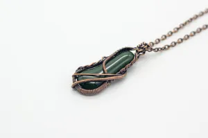 Dark Green Fused Glass Pendant with Copper Wire Wrapping