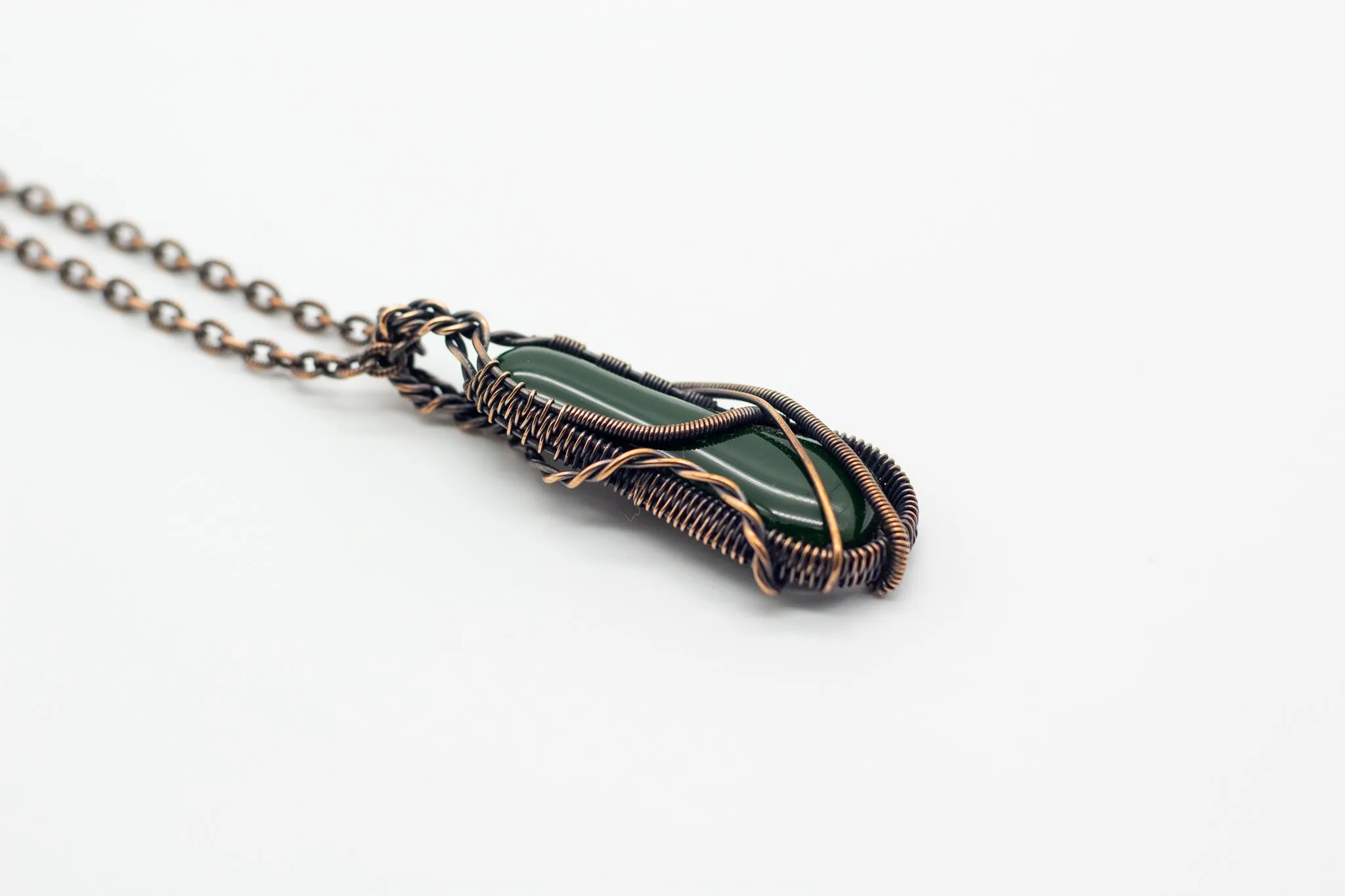 Dark Green Fused Glass Pendant with Copper Wire Wrapping