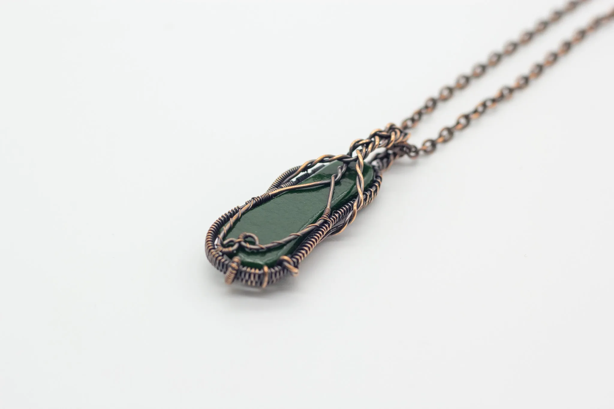 Dark Green Fused Glass Pendant with Copper Wire Wrapping