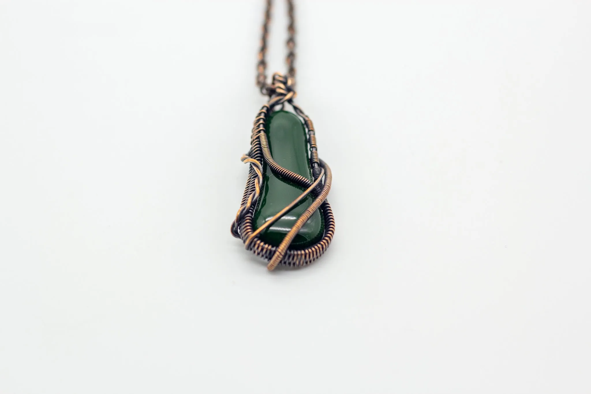 Dark Green Fused Glass Pendant with Copper Wire Wrapping