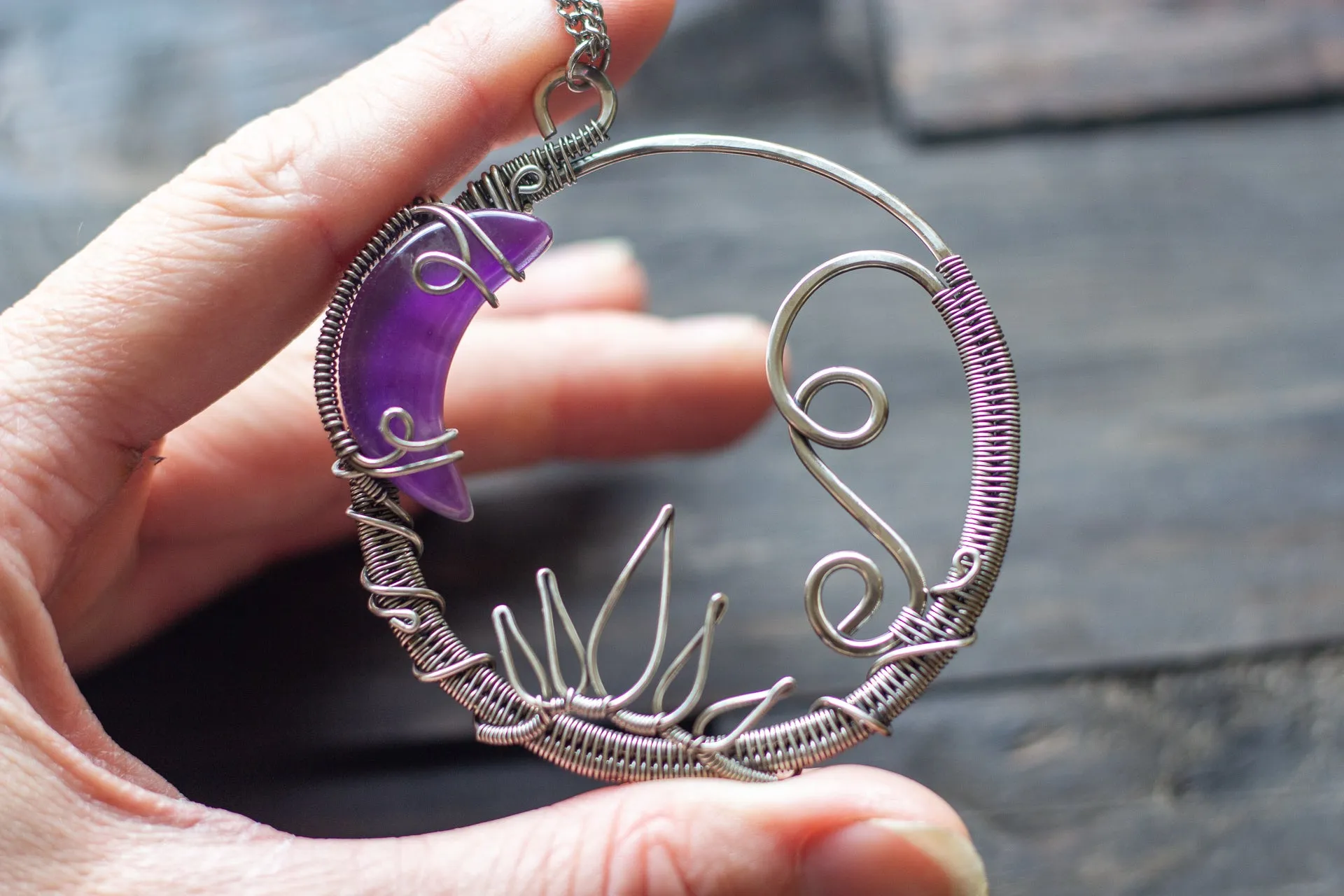 Dark Purple Moon Pendant with Sterling Silver Wire Wrapping