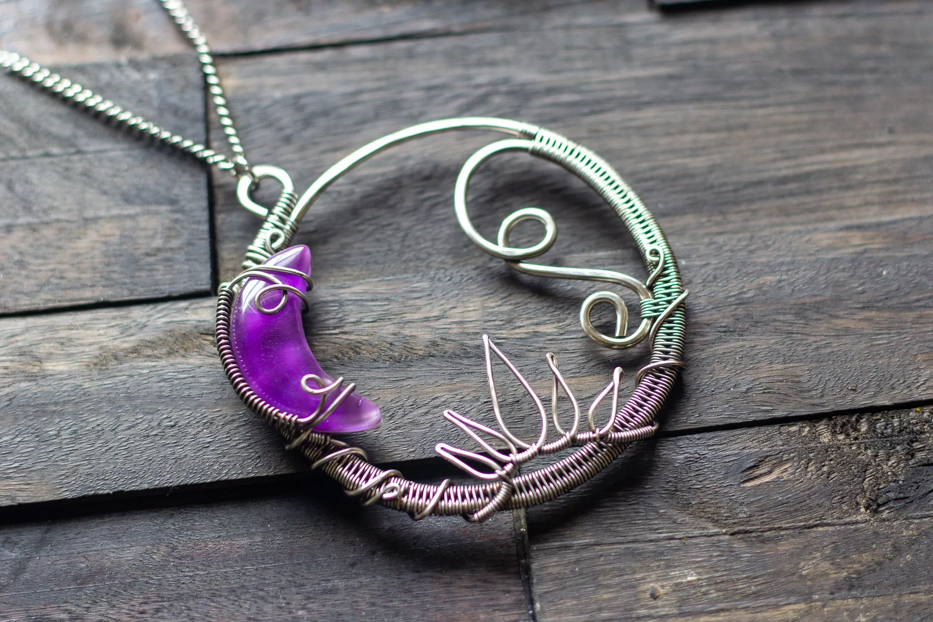 Dark Purple Moon Pendant with Sterling Silver Wire Wrapping