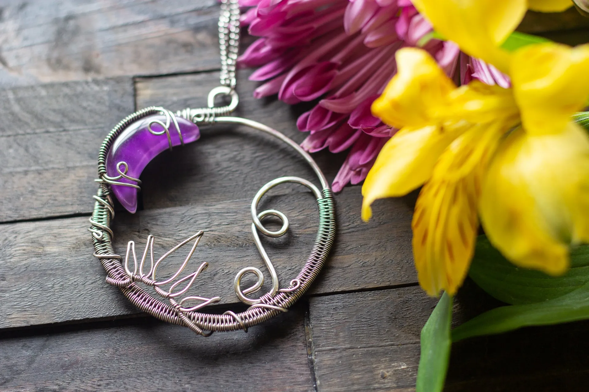 Dark Purple Moon Pendant with Sterling Silver Wire Wrapping