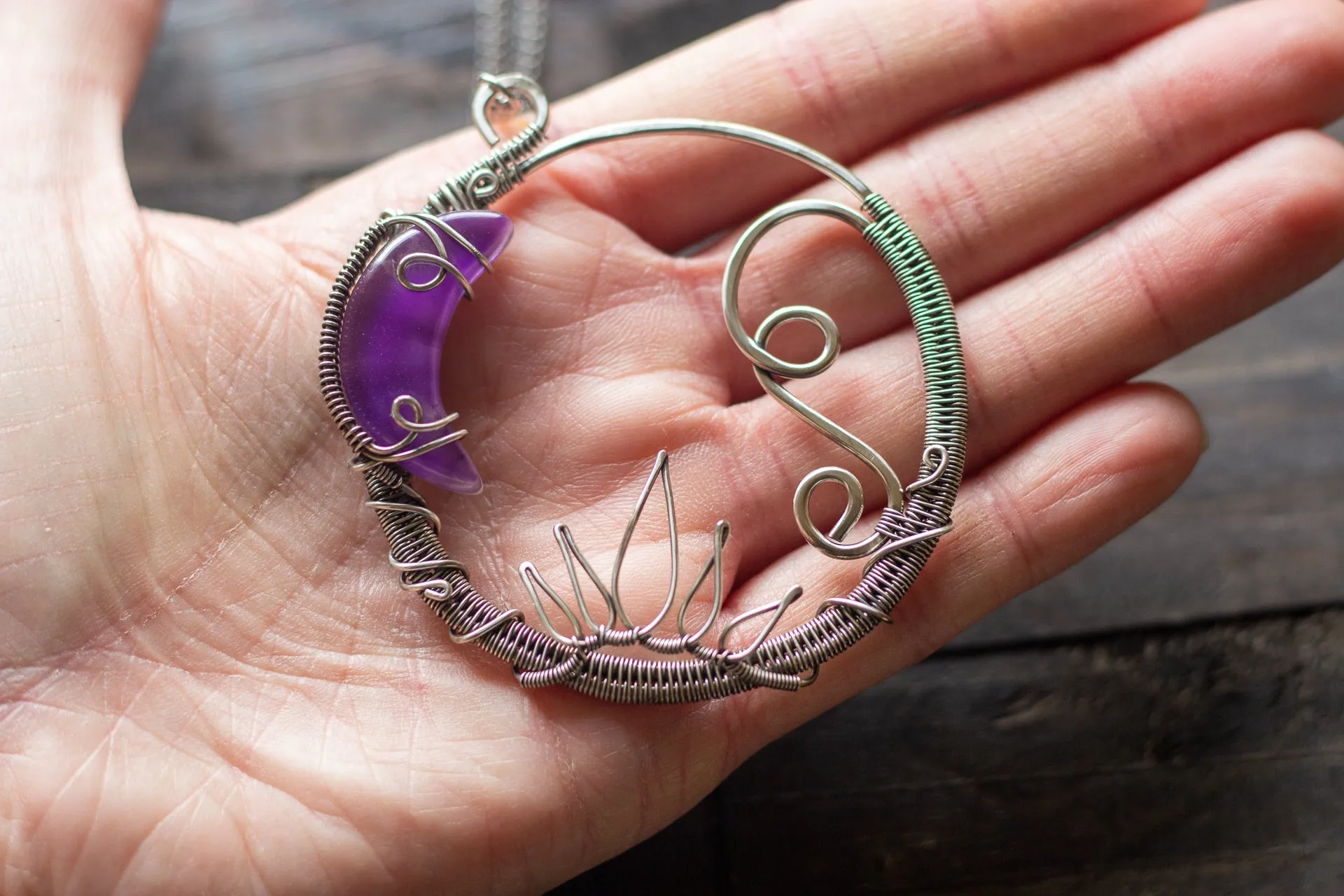 Dark Purple Moon Pendant with Sterling Silver Wire Wrapping