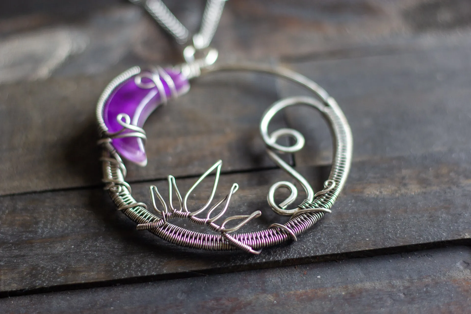 Dark Purple Moon Pendant with Sterling Silver Wire Wrapping