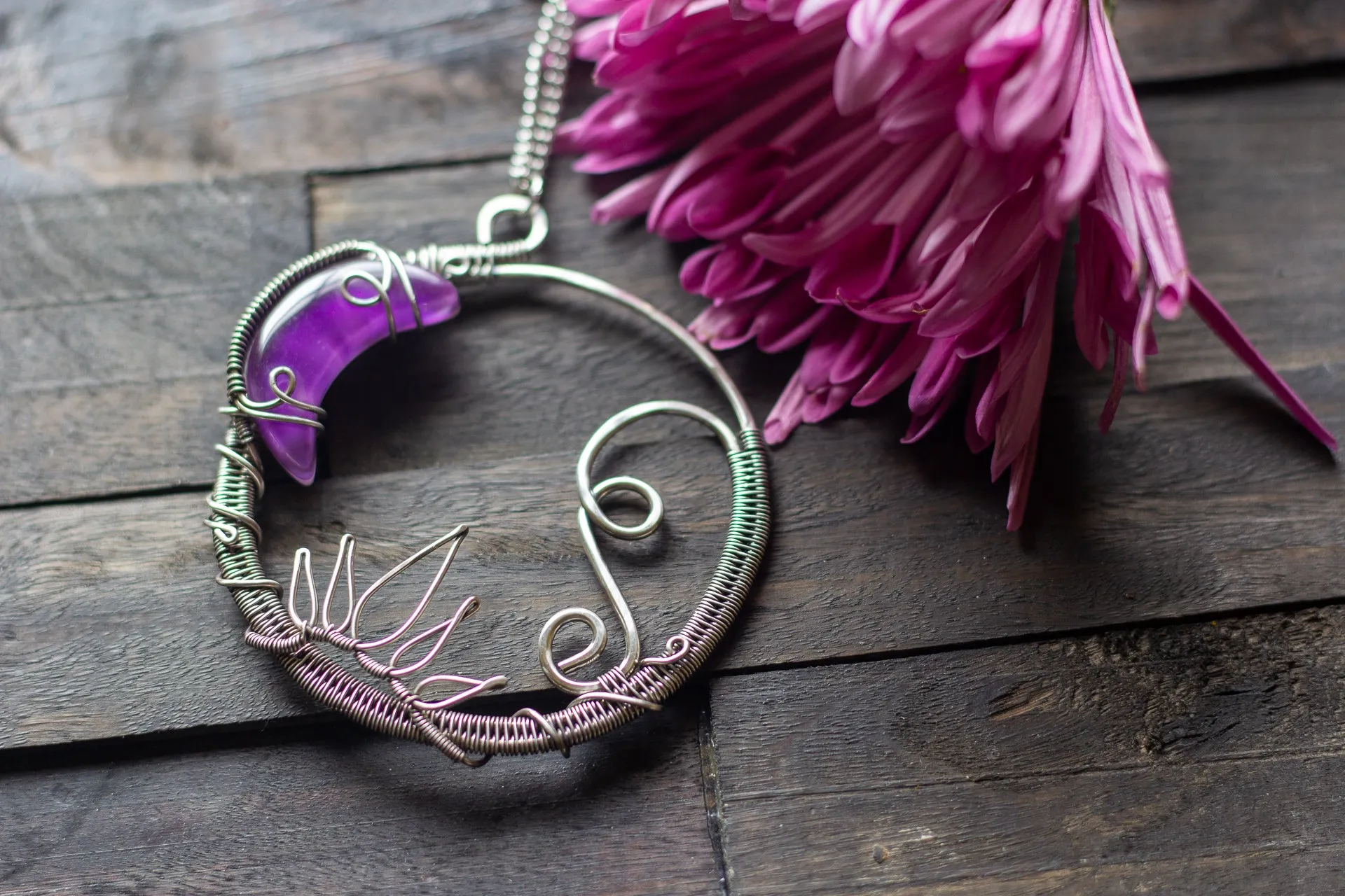 Dark Purple Moon Pendant with Sterling Silver Wire Wrapping
