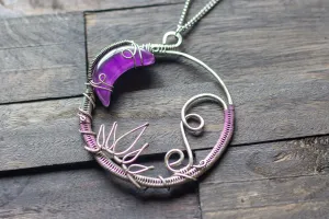 Dark Purple Moon Pendant with Sterling Silver Wire Wrapping