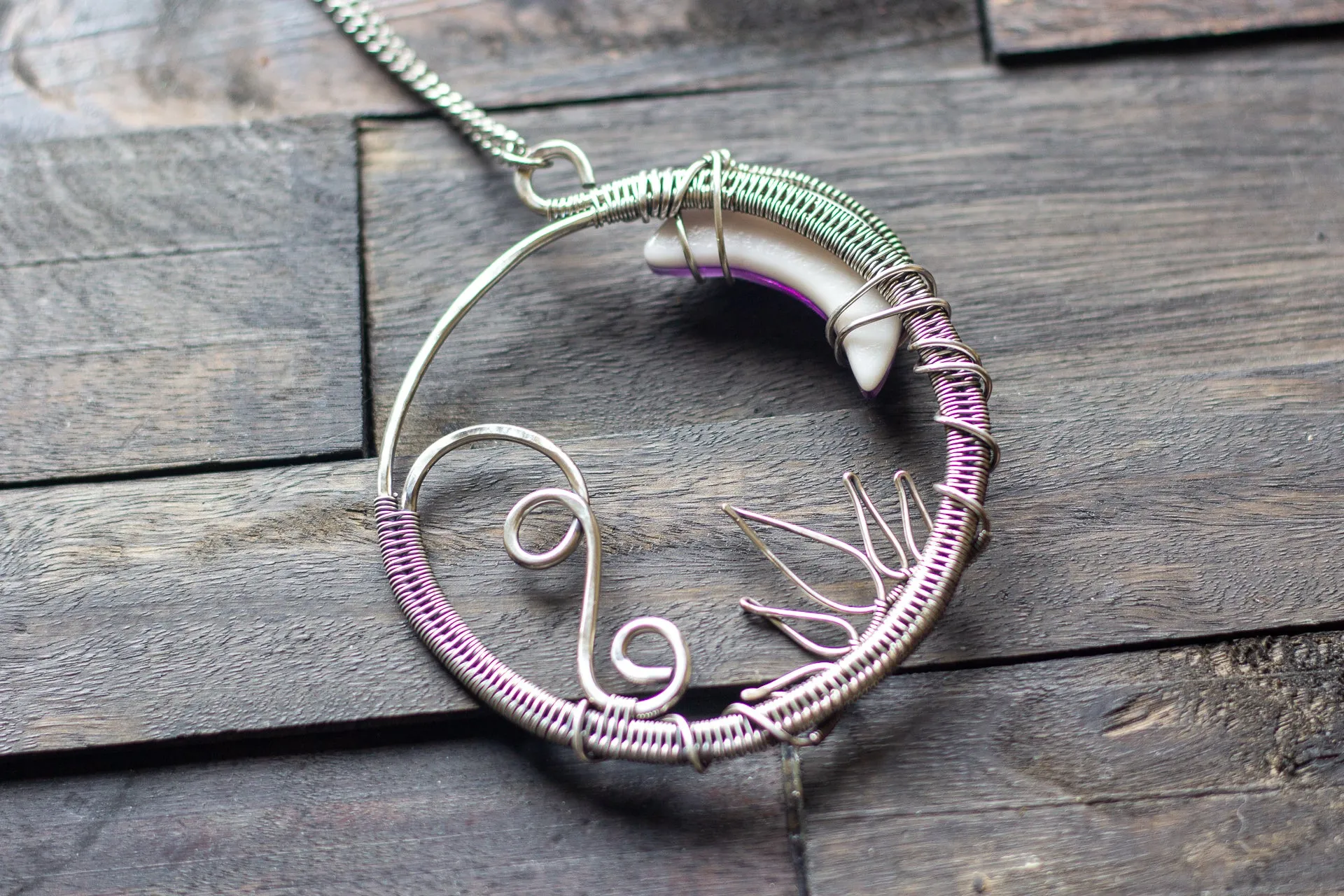 Dark Purple Moon Pendant with Sterling Silver Wire Wrapping