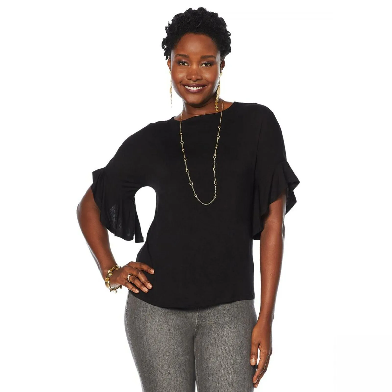 DG2 by Diane Gilman Women's Ruffle Sleeve Dolman Top