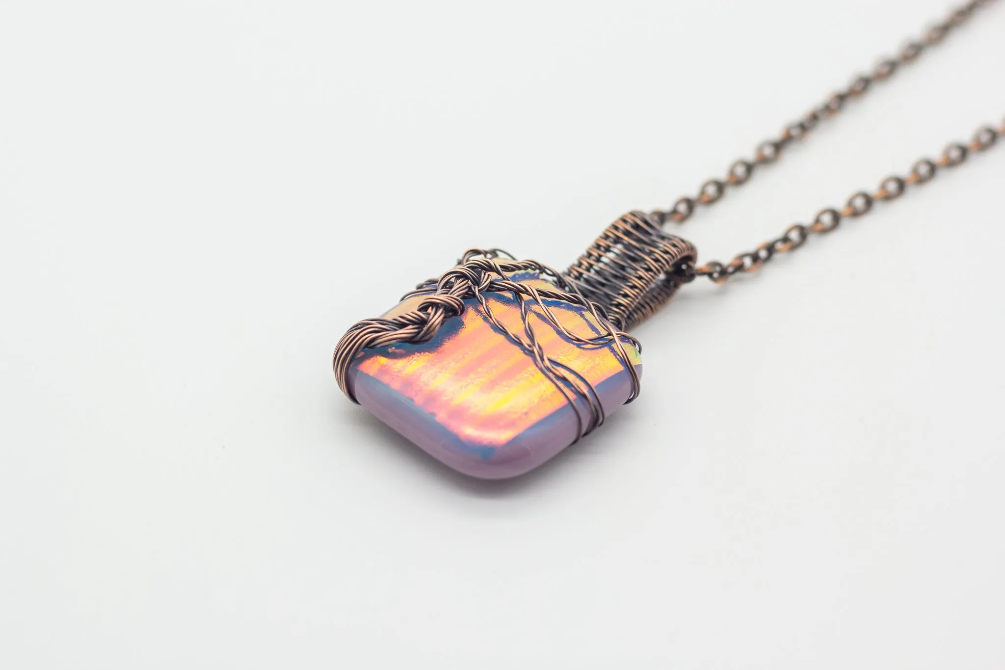 Dichroic Lavender Fused Glass Pendant with Copper Tree of Life