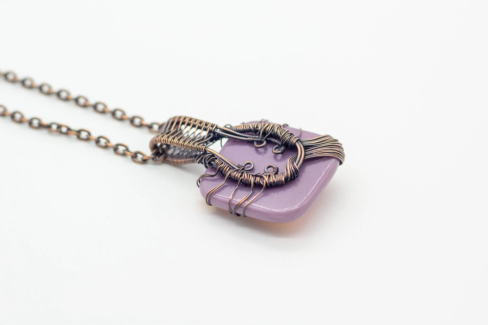 Dichroic Lavender Fused Glass Pendant with Copper Tree of Life