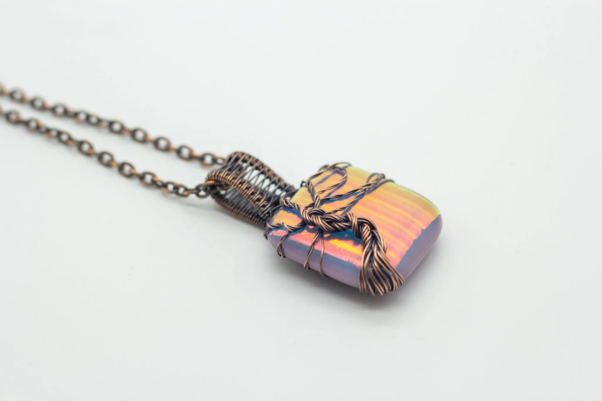 Dichroic Lavender Fused Glass Pendant with Copper Tree of Life