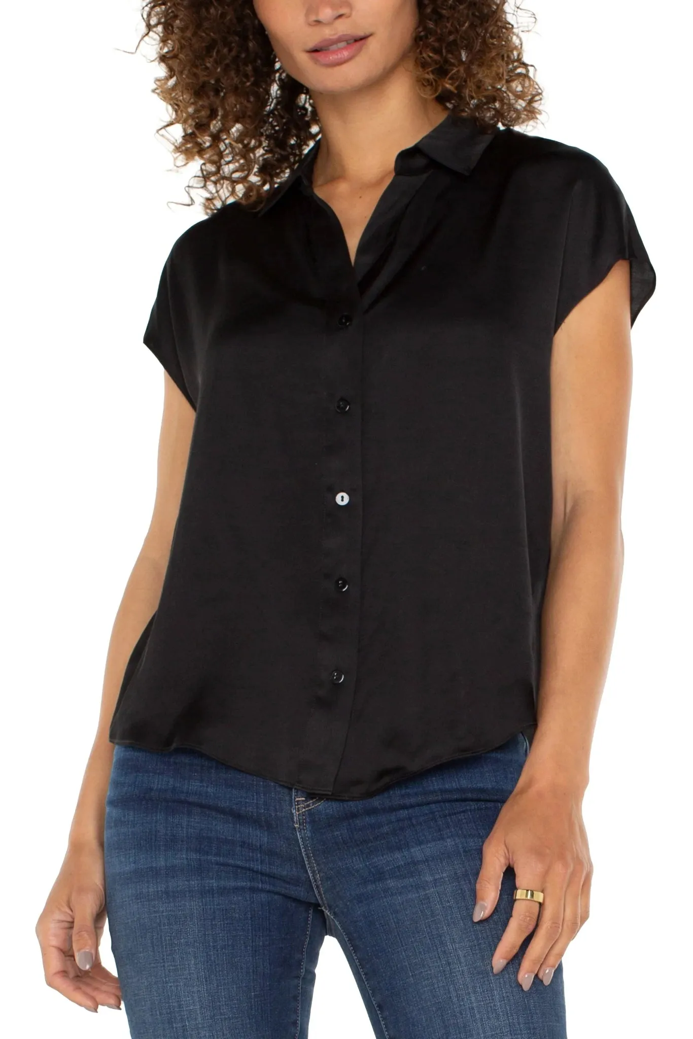 Dolman Sleeve Collared Button Front Woven Blouse