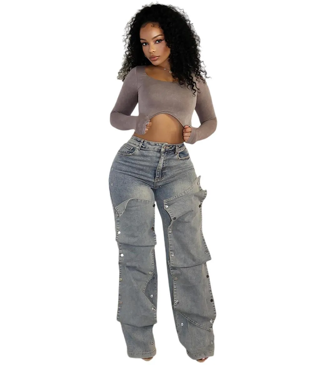 Effortlessly Cool High-Waisted Straight Denim Pants for Street-Chic Style