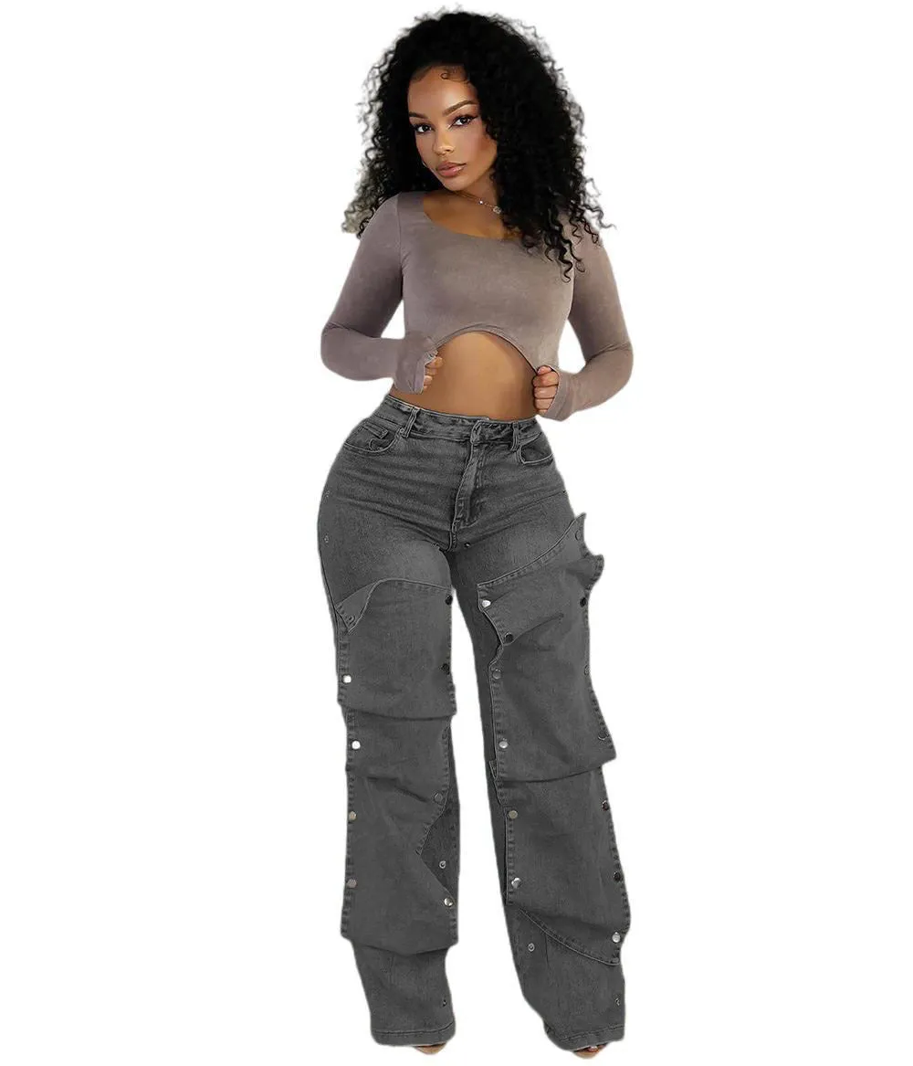 Effortlessly Cool High-Waisted Straight Denim Pants for Street-Chic Style