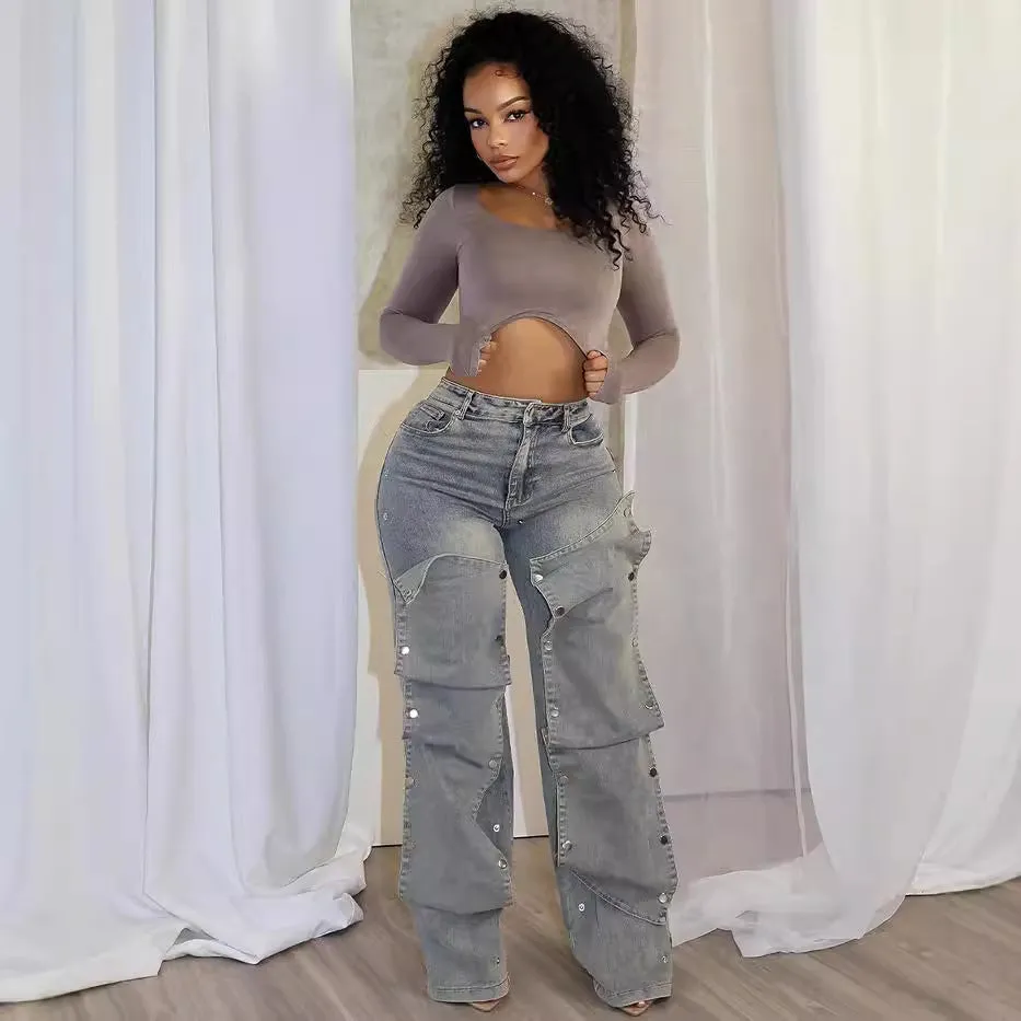 Effortlessly Cool High-Waisted Straight Denim Pants for Street-Chic Style