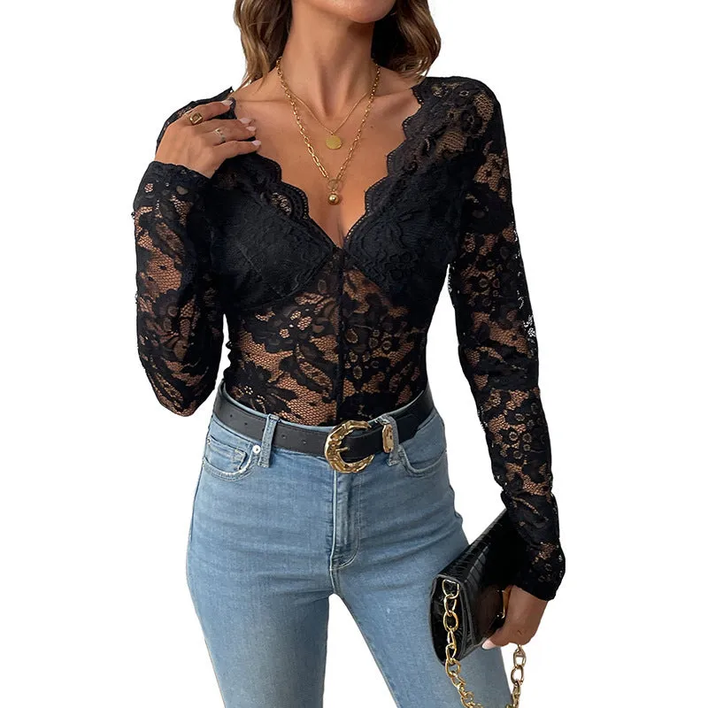 Elegant Long Sleeve Lace Patchwork Bodysuit for Effortless Chic Style
