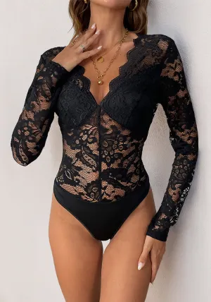 Elegant Long Sleeve Lace Patchwork Bodysuit for Effortless Chic Style