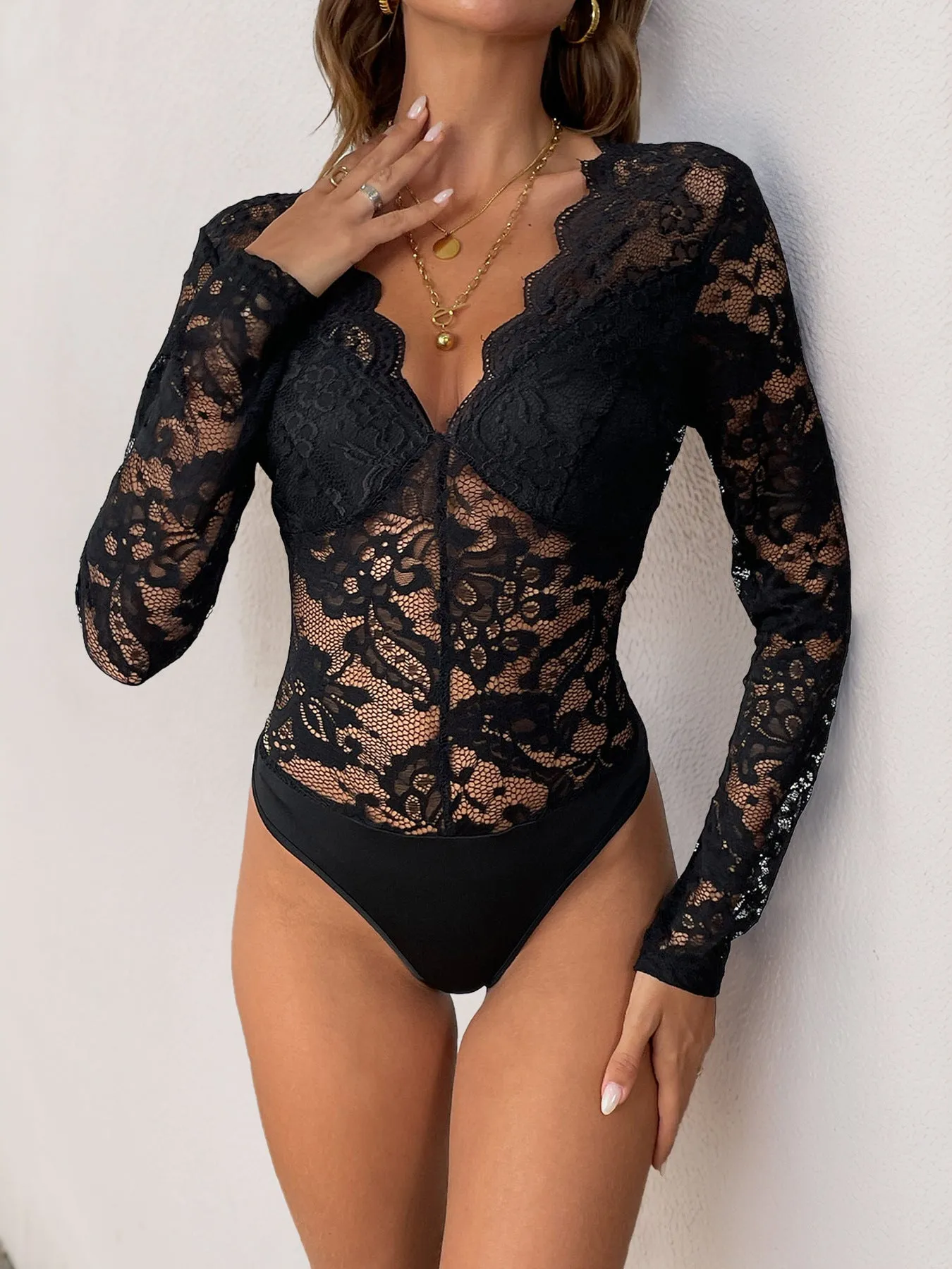 Elegant Long Sleeve Lace Patchwork Bodysuit for Effortless Chic Style
